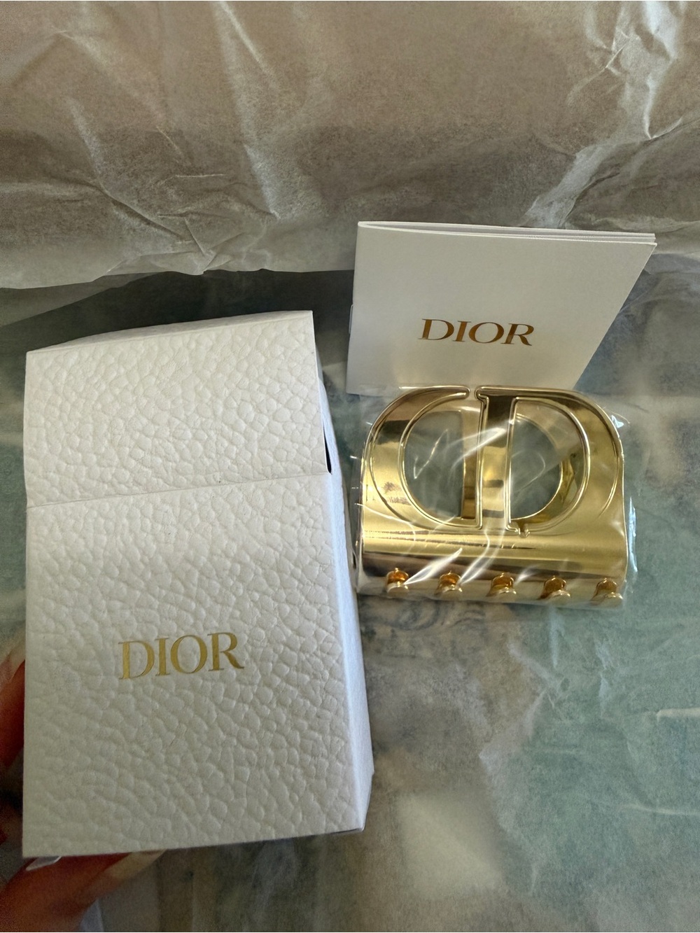 Dior Gold CD Logo Hair Clip in a box, envelope and dust bag